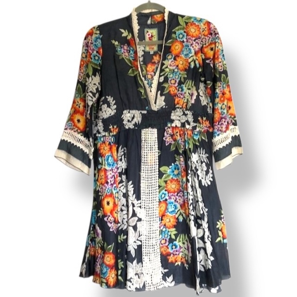 Johnny Was Charcoal Gray Silk Bohemian Style Midi dress Size XS